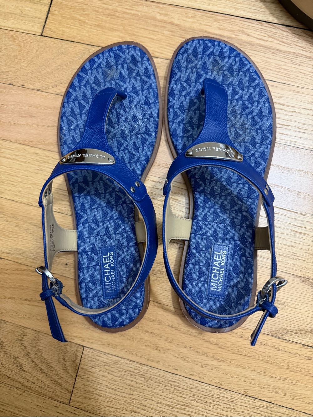 Michael Kors Royal Blue MK Logo T-Strap Sandals with Silver Plaque size 8.5
